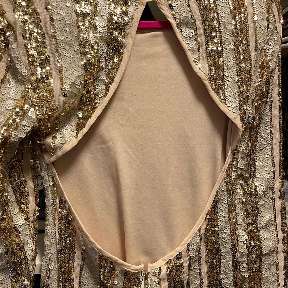 Sequined Gold Stripe Long Sleeve Dress - Elegant Evening Wear - Picture 2 of 4